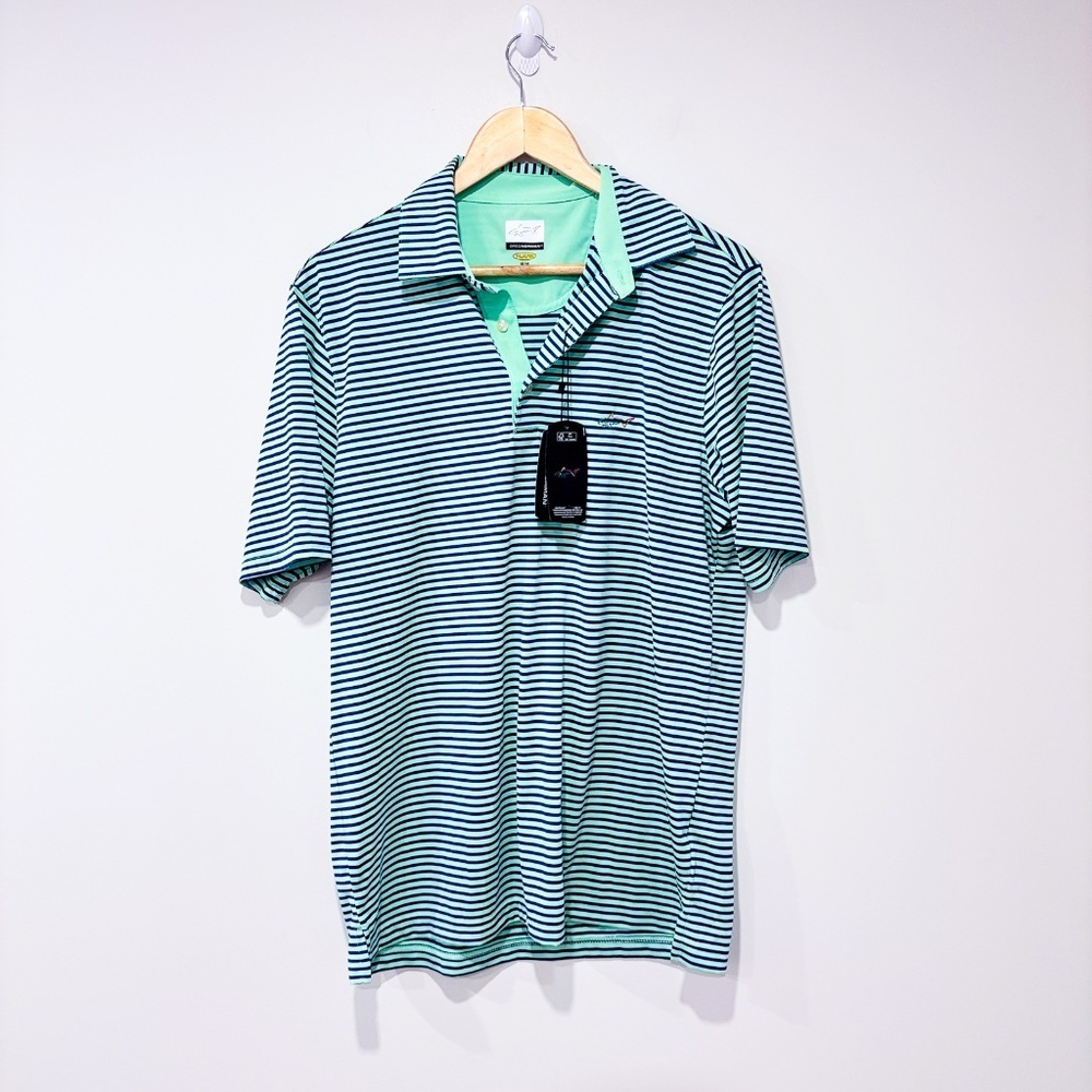 GREG NORMAN Striped Golf Polo |‎ Blue & Green | Medium *